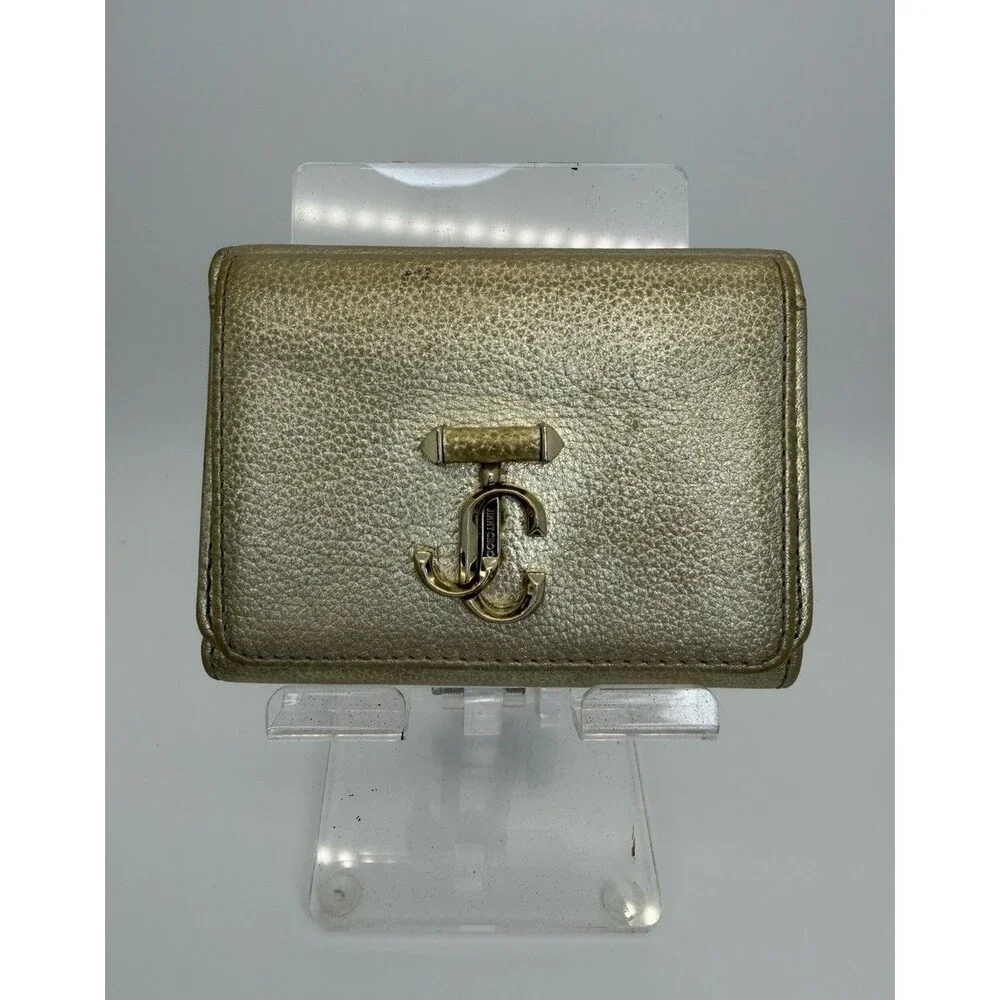 Jimmy Choo JC Logo Leather Trifold Wallet Gold Authentic Designer/131